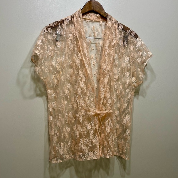 Vintage Lace Floral Tie Front Relaxed Fit Short Sleeve Cardigan Top Pink Cream - Picture 1 of 6